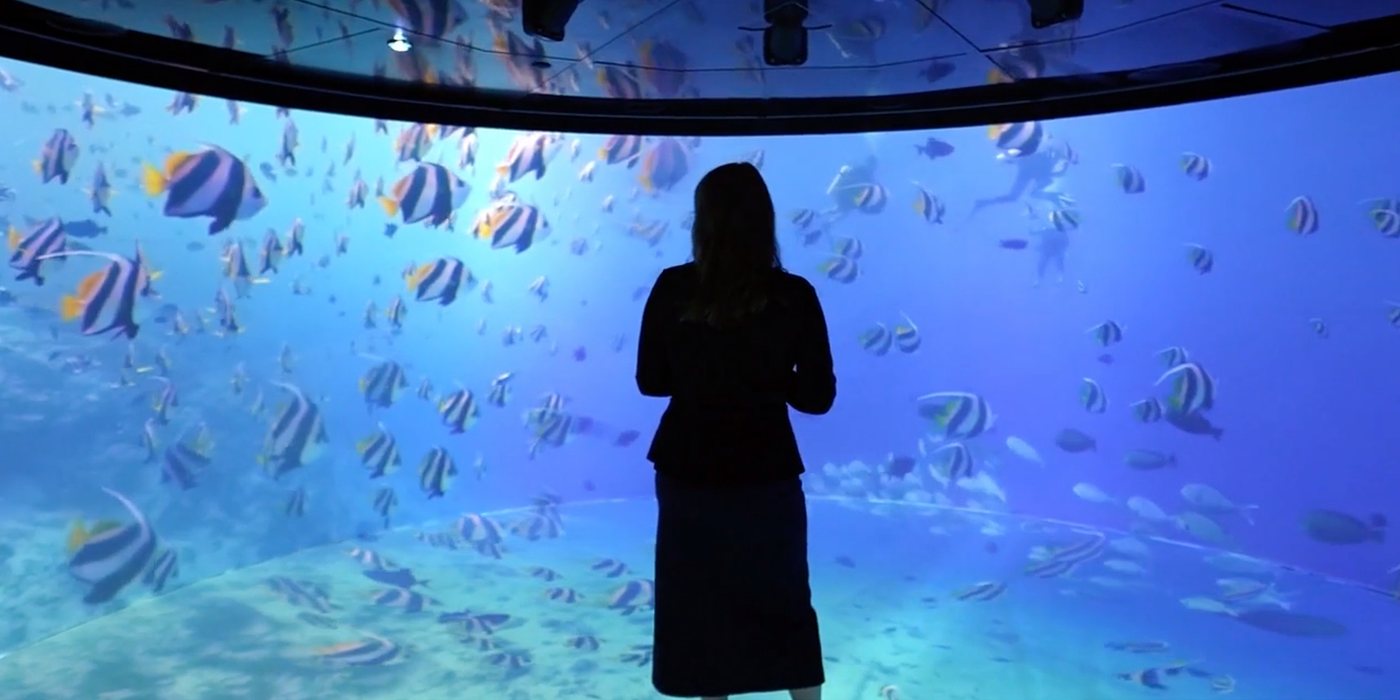 A visitor watching BAHURA projected across a curved screen inside the Rotary VR dome