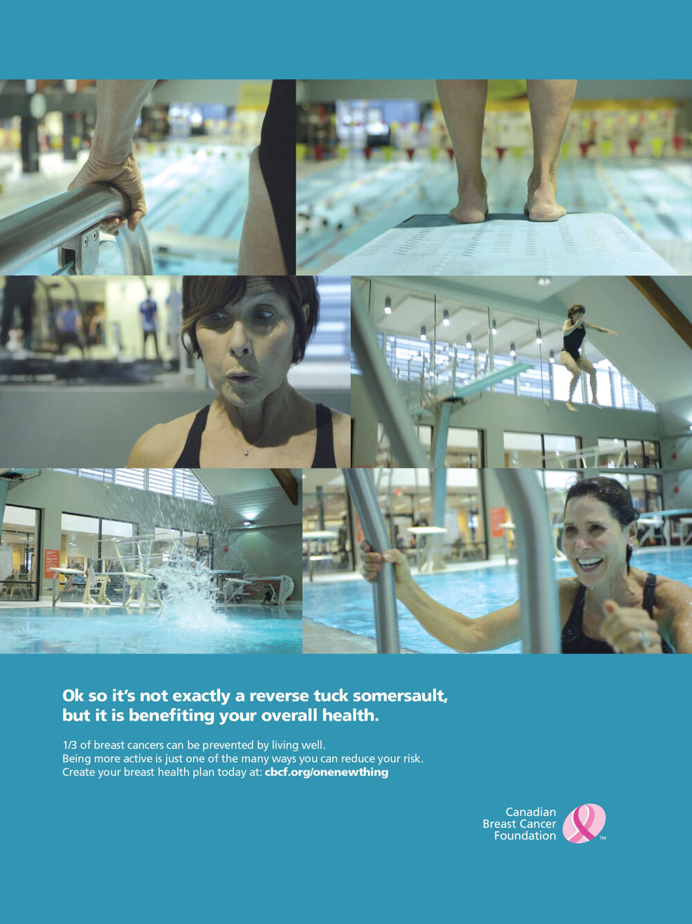 Print ad: a woman learning to dive at a pool, headline reading it is benefiting your overall health