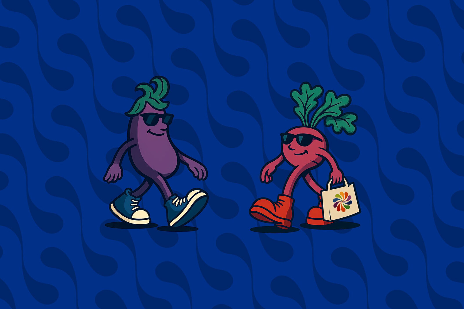 Two Flavour Harvest characters, an eggplant and a radish in sunglasses, strolling together with a Flavour Harvest shopping bag