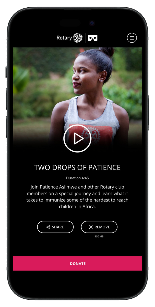 The Rotary VR app showing the Two Drops of Patience film, set against the user-experience journey map