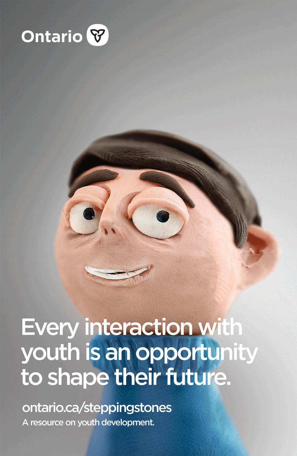 Stepping Stones poster: a handcrafted clay youth, with the headline every interaction with youth is an opportunity to shape their future
