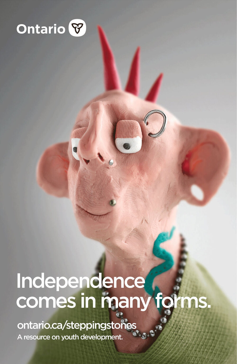 Stepping Stones poster: a clay youth with a red mohawk and piercings, with the headline independence comes in many forms