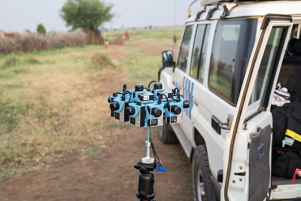 The 360° camera rig on location beside a UN vehicle during the Karamoja Rising shoot