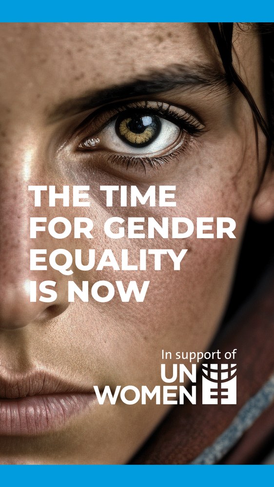 The campaign as a social post: a woman's face with the headline The Time for Gender Equality Is Now, in support of UN Women